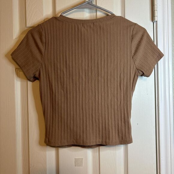 Bozzolo Medium Ribbed Brown Short Sleeve Crop Top Stretchy - Picture 3 of 4